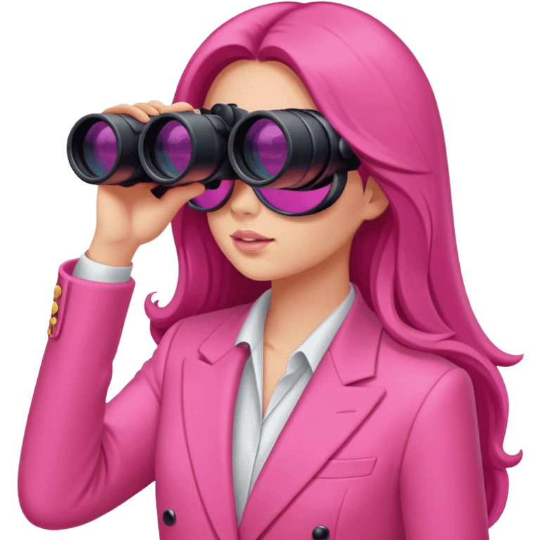 woman with long hair in an intensive color pink suit looking through binoculars emoji