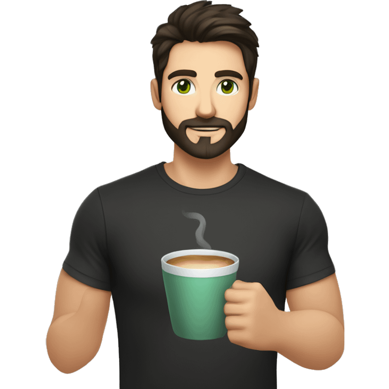 Handsome man with dark hair, holding an cup of coffee, gradient short hair on the side, green eyes. Thin face. Black t-shirt. A little beard. emoji