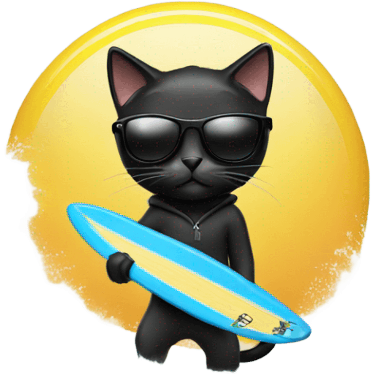 Black cat wearing sunglasses while surfing while wearing a hoodie  emoji