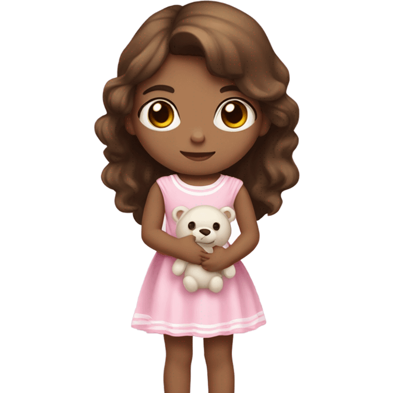 Little Girl with White skin, black eyes.  brown hair with. She is wearing a pink and White dress, standing and holding on to a teddybear. emoji