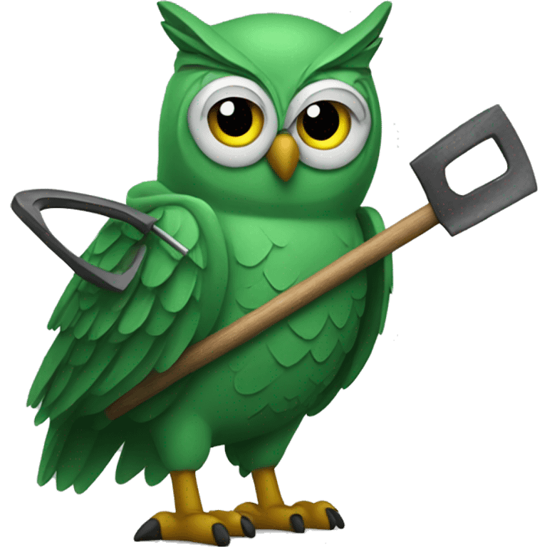 A green owl holding a crowbar emoji