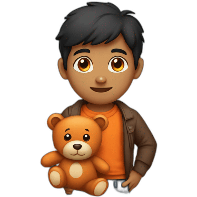 indian kid with black hair wearing a collared brown sweater polo holding a orange teddy bear emoji