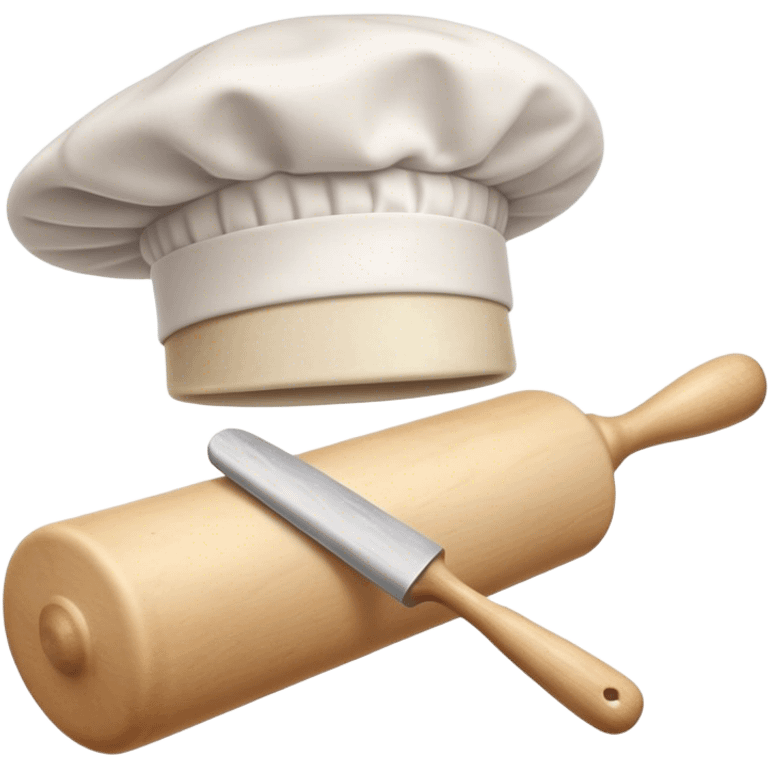 Cinematic Realistic Chef Hat & Rolling Pin, crisp white cotton hat with soft folds, resting beside a classic wooden rolling pin with smooth, polished curves, a light dusting of flour adding authenticity, warm kitchen lighting casting gentle shadows, glowing with a cozy and inviting charm. emoji