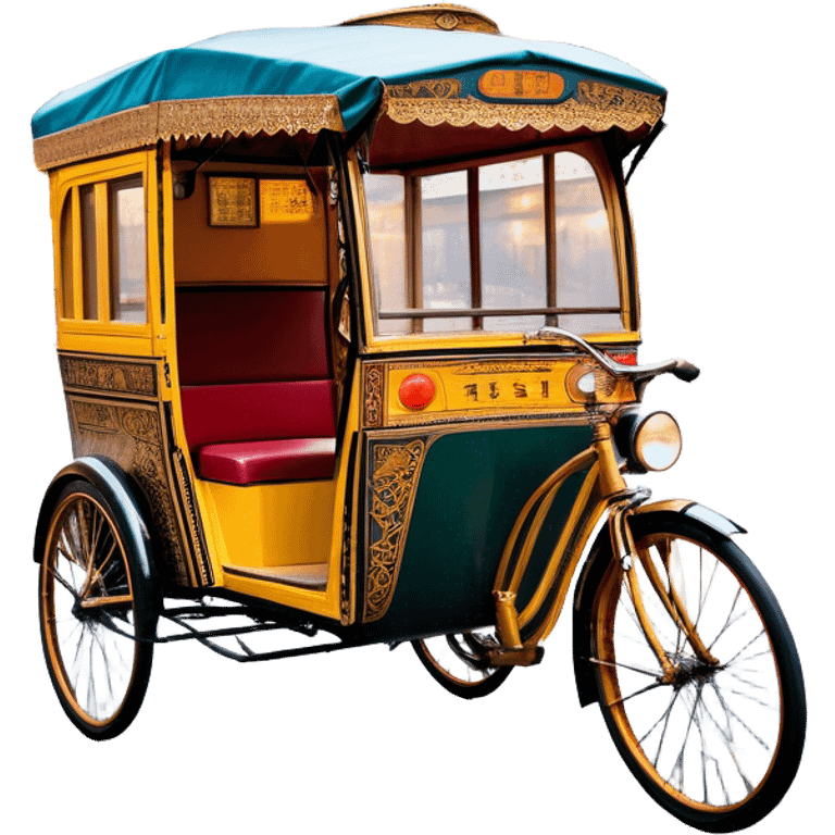 Cyclo rickshaw – Cinematic Realistic Cyclo Rickshaw, depicted as a charming, ornately painted three-wheeled cycle taxi with vintage detailing, set on bustling city streets under dynamic urban lighting that evokes cultural heritage and nostalgic charm. emoji