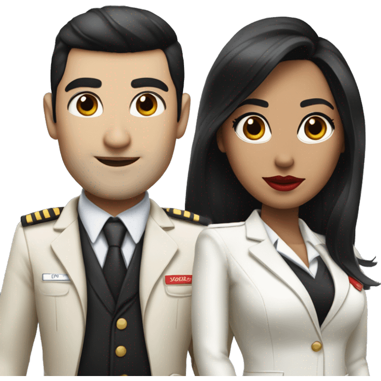 Flight attendant with long black hair, red lips and white skin with a pilot man with beige skin and black hair emoji