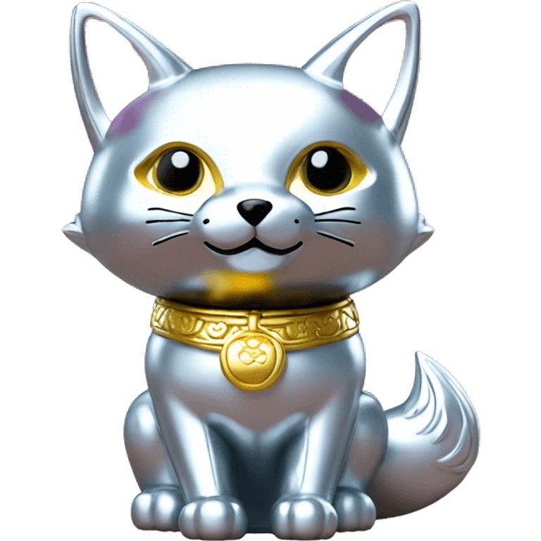 fully chrome fox statue in the form of maneki neko emoji