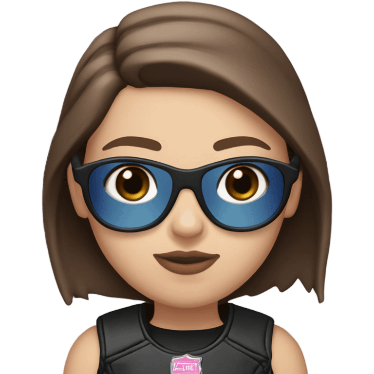 White girl with brown hair, slightly Asian looking. Riding on a blue Harley Davidson Road Glide with pink lenses glasses emoji