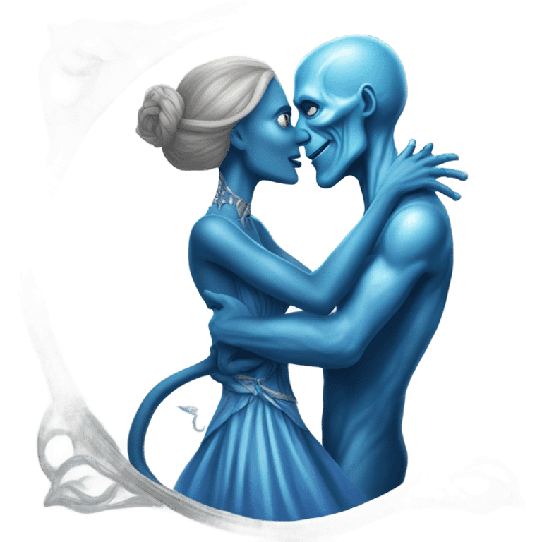 White man in blue dress  hugs and kissing Alien reptilian woman in silver dress  emoji