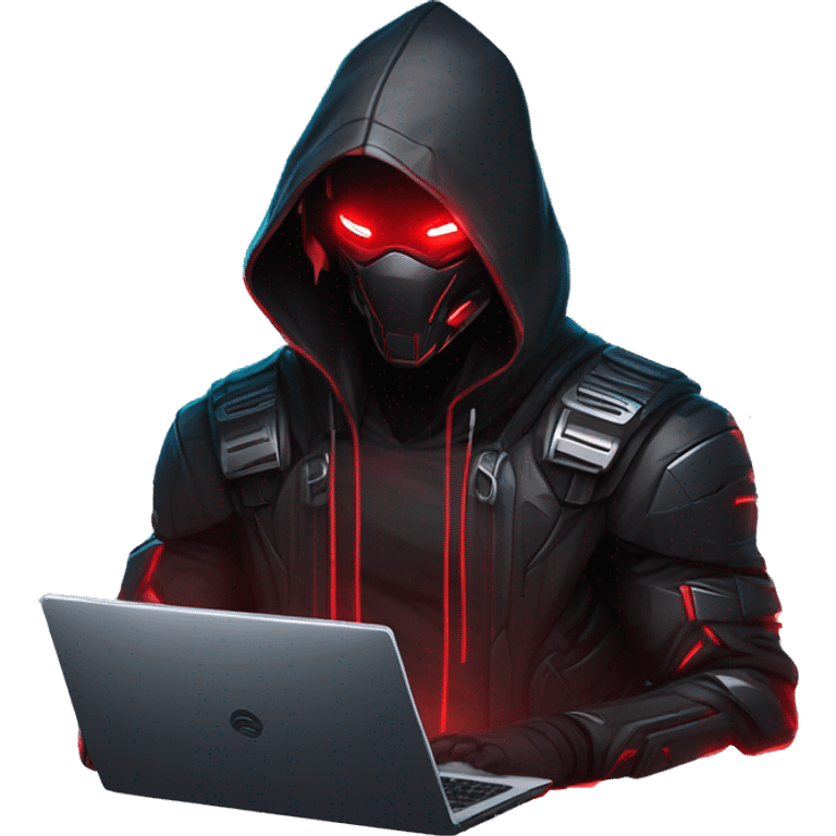 developer behind his laptop with this style : crysis Cyberpunk Riot Games Valorant neon glowing bright red character red dark black hooded assassin themed character emoji