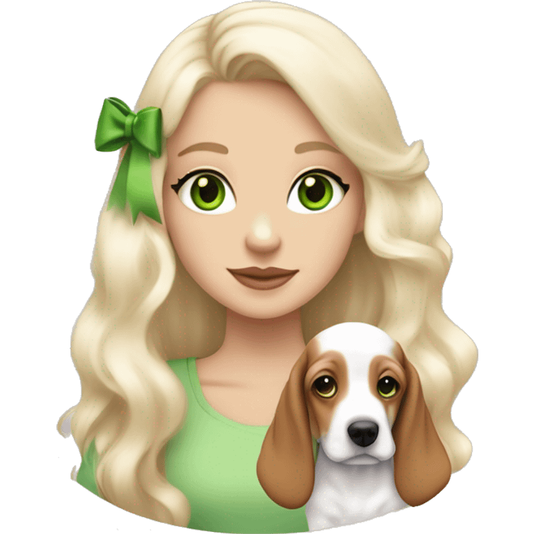 pale blonde girl with long platinum white wavy hair with bright green eyes and wearing a light pink hair bow holding a brown and white basset hound puppy also wearing a hair bow emoji