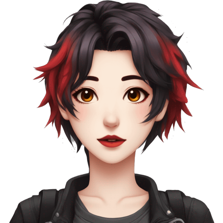 Gorgeous anime style tomboy-lady with blushing face aesthetic and pretty edgy black red punk hair with hair garment trending style emoji