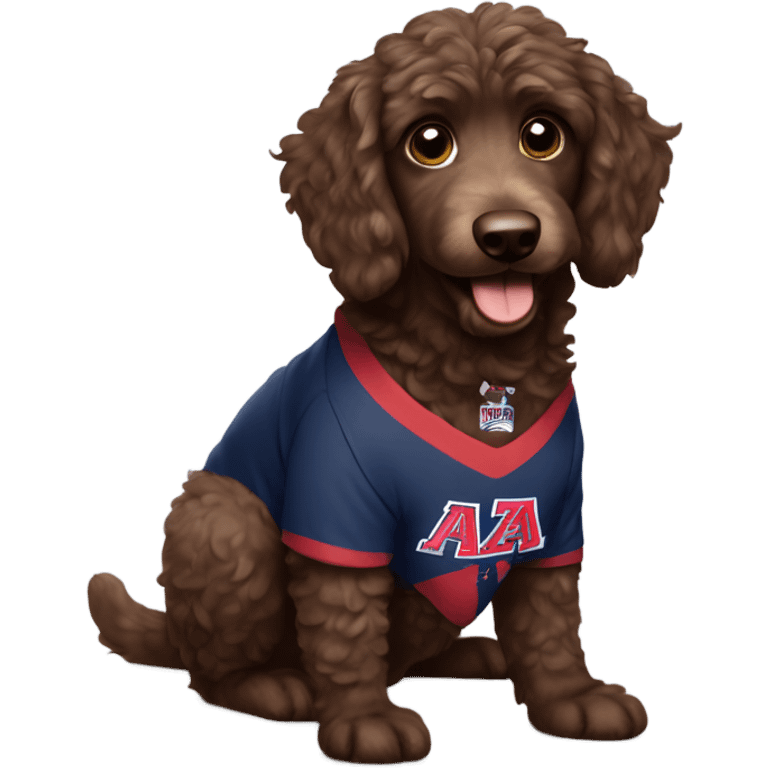 Chocolate Aussie doodle wearing a University of Arizona T-Shirt emoji