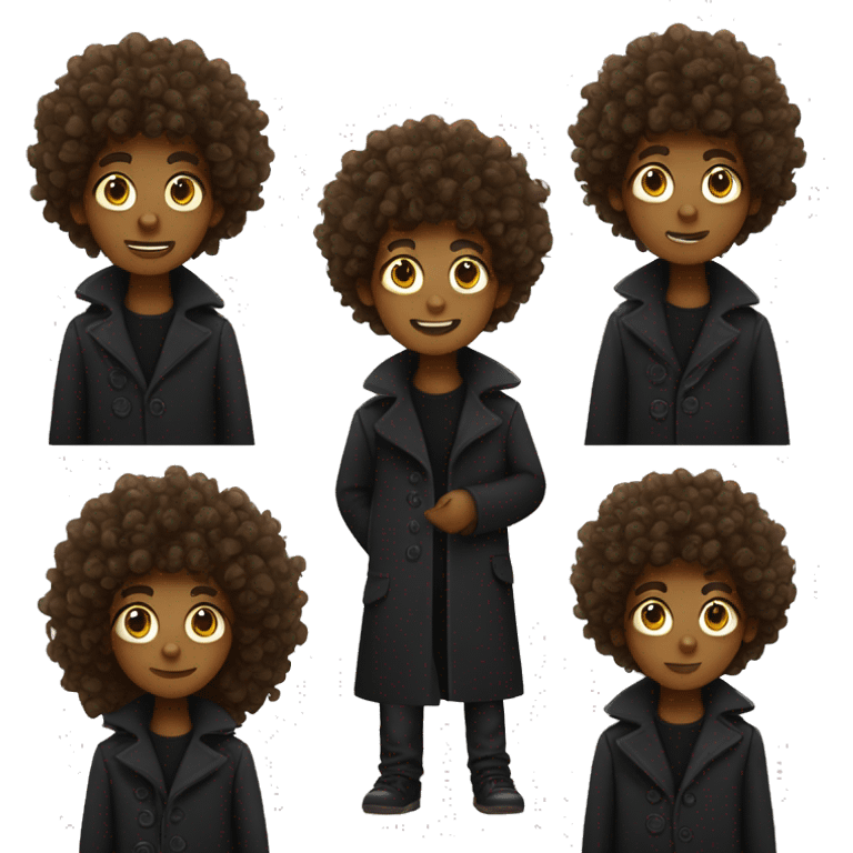 black boy with brown crazy curly hair black button eyes and a black coat emoji