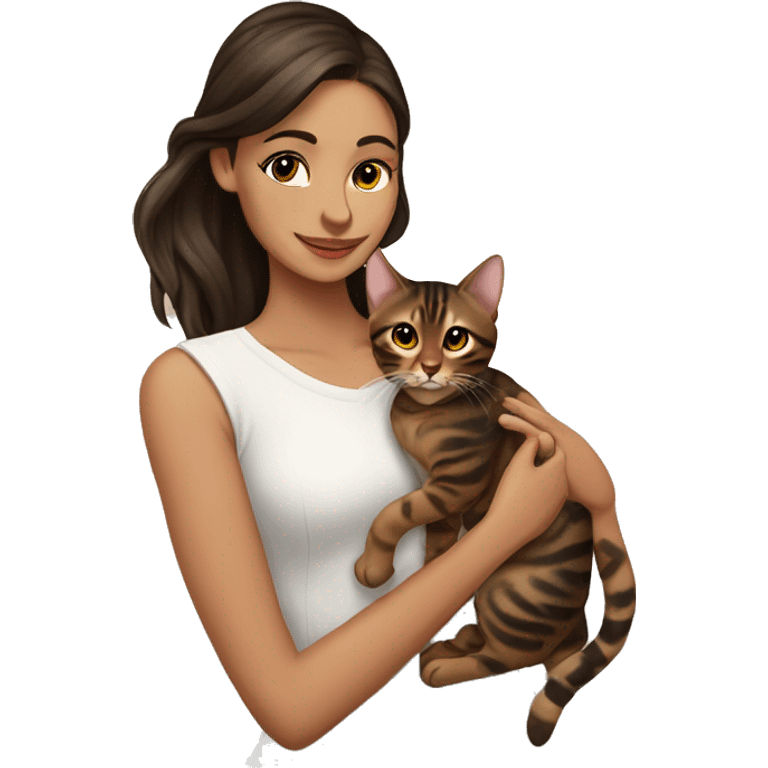 Beautiful woman long dark brown hair hug bengal cat emoji