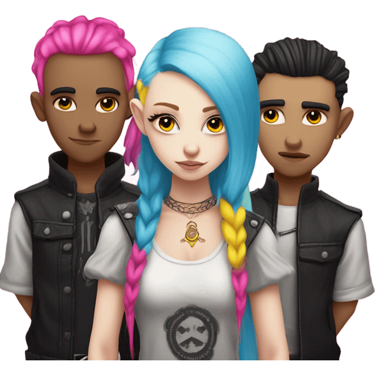 Blue eyed long eye lashes pout blonde and pink hair pale hime gyaru girl, hot pink and yellow split-dyed hair, nose ring, elf ears, dark makeup, punk clothes standing next to three diffrent men praying  emoji