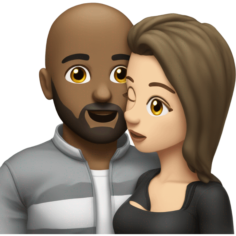 White brunette kissing muscular black bald man with beard emoji