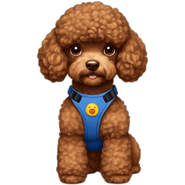 Brown-toy-poodle-with-teddy-bear-haircut-with-dark-blue-harness emoji