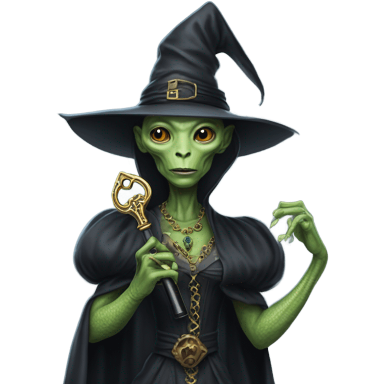 a Reptilian alien woman, as witch, holding a big key emoji