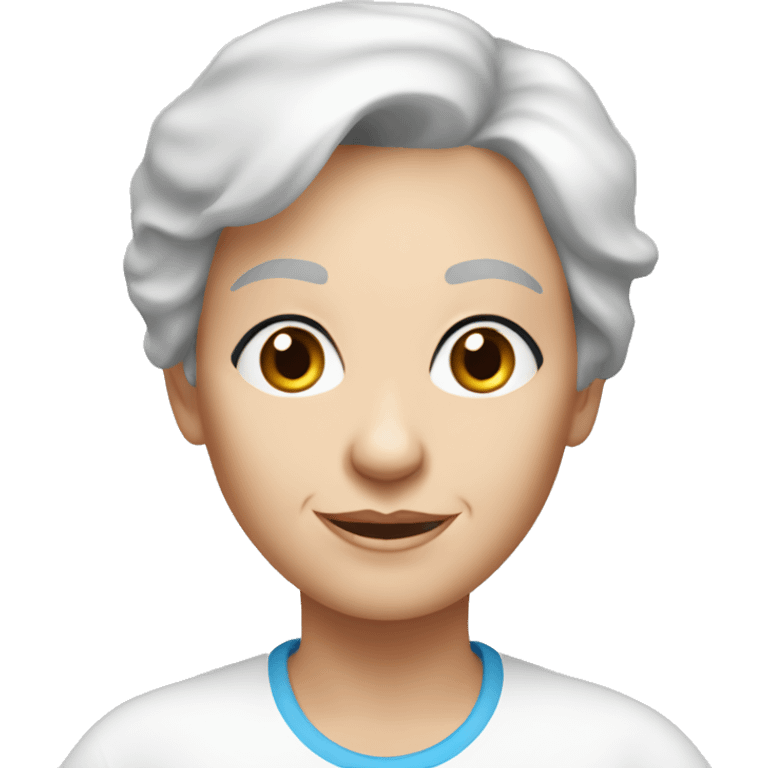 White 63 yrs old woman dark brown hair blue eyes with a white T-shirt emoji