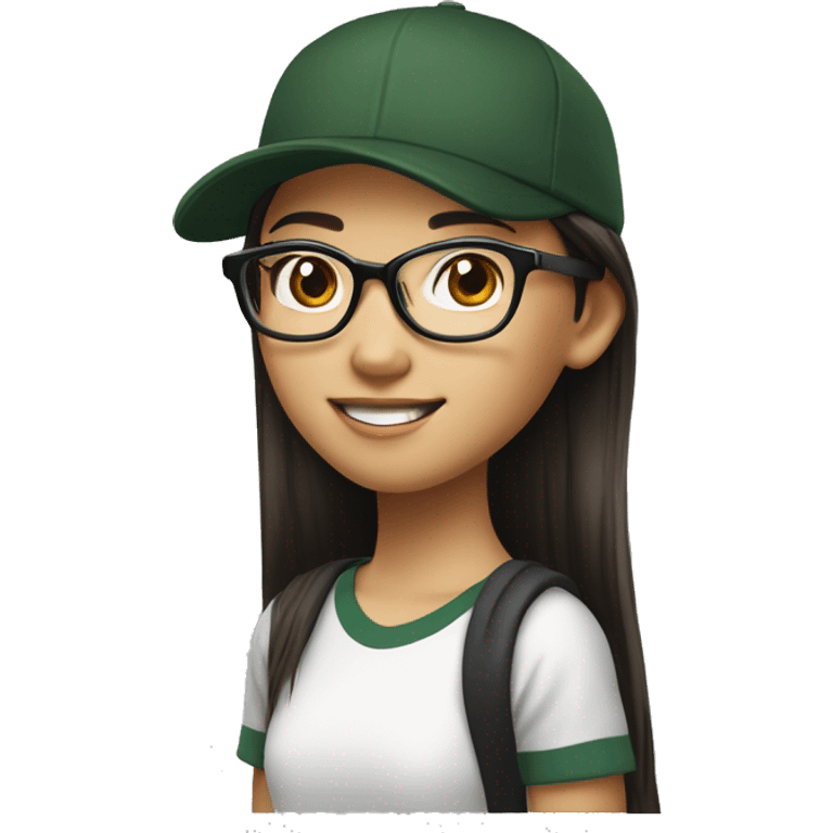 Hyper realistic, look from side, asian girl, light white skin, smiling with teeth, black eyes, spotted frame glasses, long brown straight hair with highlighted strands, black T-shirt, dark green cap. emoji