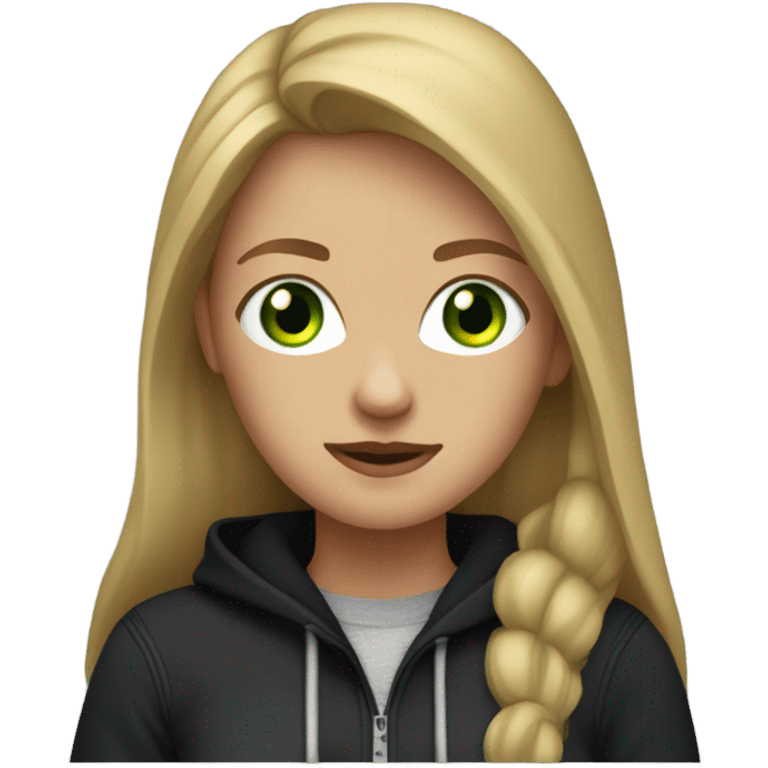 woman with long dirty blonde hair, green eyes, wearing black hoodie and jeans emoji