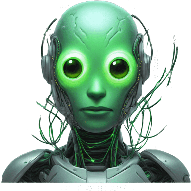 Round Alien cyborg head with glowing wires and green eyes  emoji