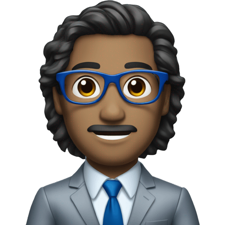 man in blue suit and red tie, black eyes with metallic glasses, black hair, showing hands emoji