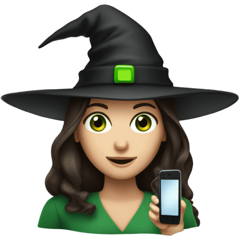 A brunette with green eyes and a witches hat with a cell phone  emoji