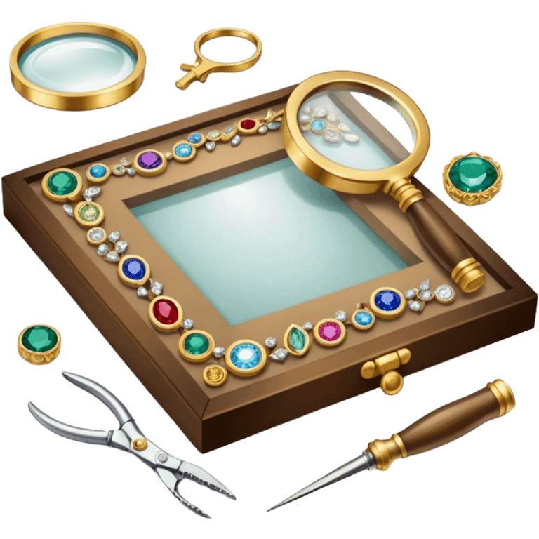 Create an icon that represents the art of jewelry making. The design should include a jeweler's workbench, tools like pliers, a magnifying glass, and various precious materials such as gemstones, gold, and silver. Feature a partially crafted piece of jewelry, like a ring or necklace, showcasing intricate details and craftsmanship. The composition should evoke elegance and precision, reflecting the skill and artistry of jewelry making. The background should be transparent. emoji