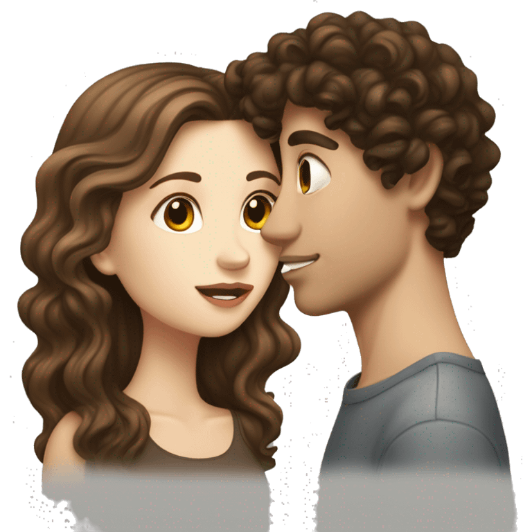 white girl with wavy brown long hair kissing a white boy with short curly dark brown hair emoji