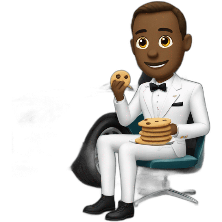 James bond sitting in Aston Martin while eating cookies emoji