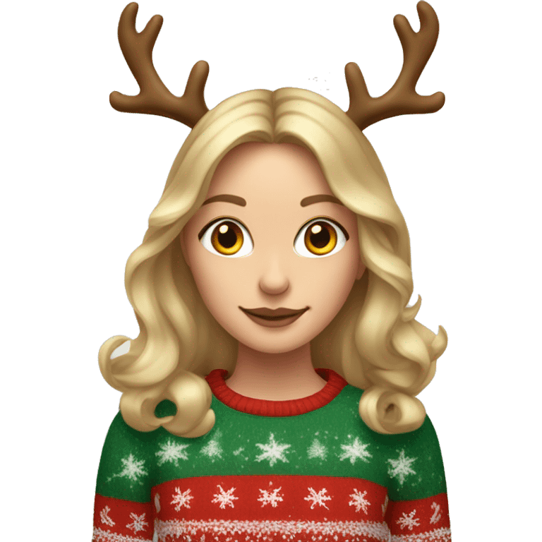 dark blond hairwd girl with christmas sweater and raindeer horns emoji