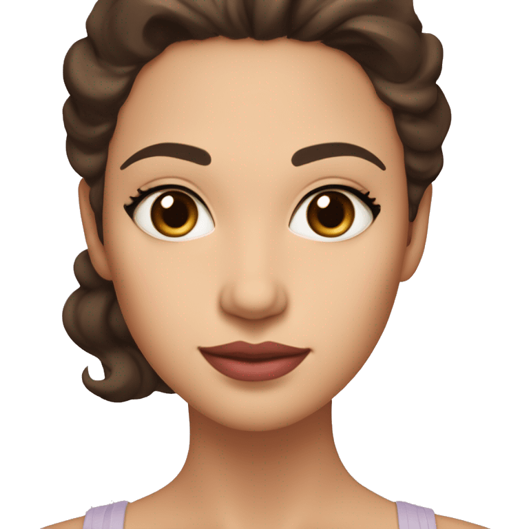 The woman has soft features, fair skin, and almond-shaped eyes. Her defined eyebrows and natural pink lips frame her face. Her dark, wavy hair is partly tied back, giving her an elegant yet relaxed look. Her expression is warm and serene.
 emoji