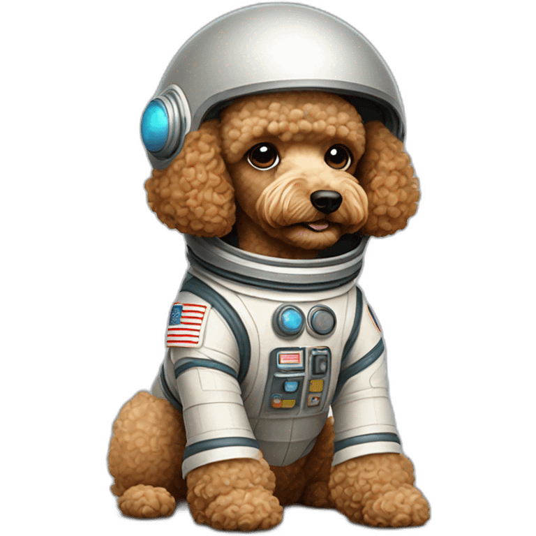 Light brown poodle seated with an spaceman suit and a helmet emoji