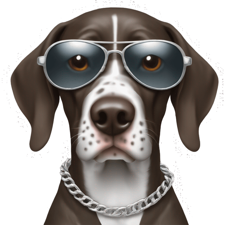 German shorthair pointer wearing aviator sunglasses and silver chain  emoji