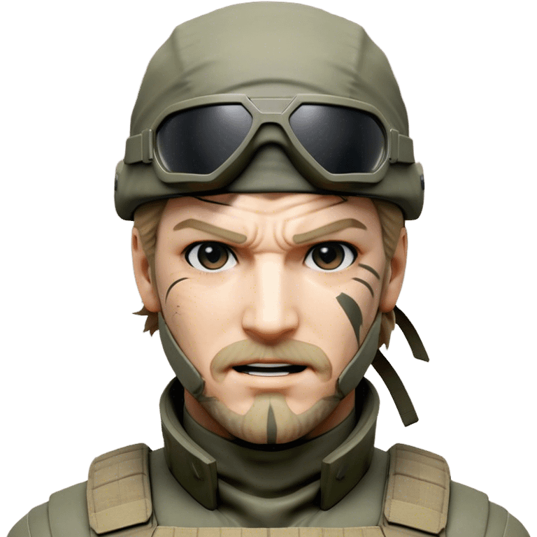 Cinematic Realistic Metal Gear Solid Snake Soldier Portrait, head tilted dramatically with an exaggeratedly amused expression, blending stealthy seriousness with a touch of unexpected humor. His rugged features, set against intricately detailed tactical gear in muted earth tones, are rendered with lifelike texture and dynamic lighting, high shine, dramatic yet whimsical, capturing the essence of a soldier whose epic covert skills are matched by a playful, irreverent spark. emoji