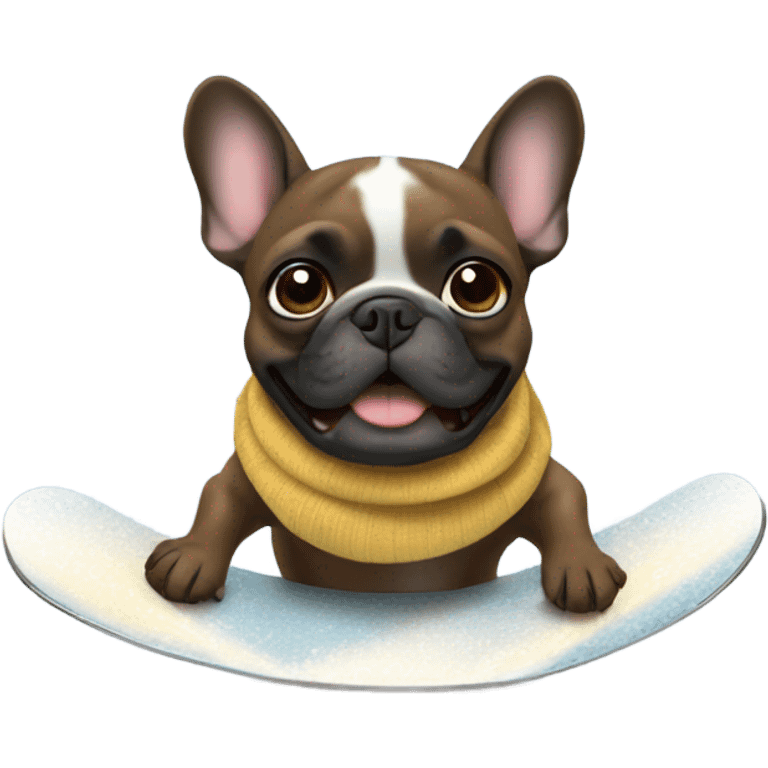 A brindle french bulldog snowboarding emoji