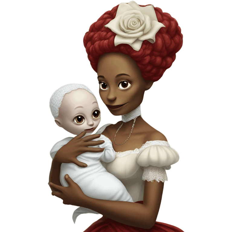  Reptilian alien woman , full body, in victorian red elegant dress , holds a newborn white humman baby emoji