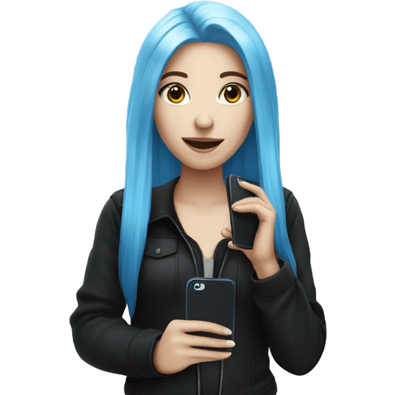 white skin girl with long blue hair in black clothes holding a phone emoji