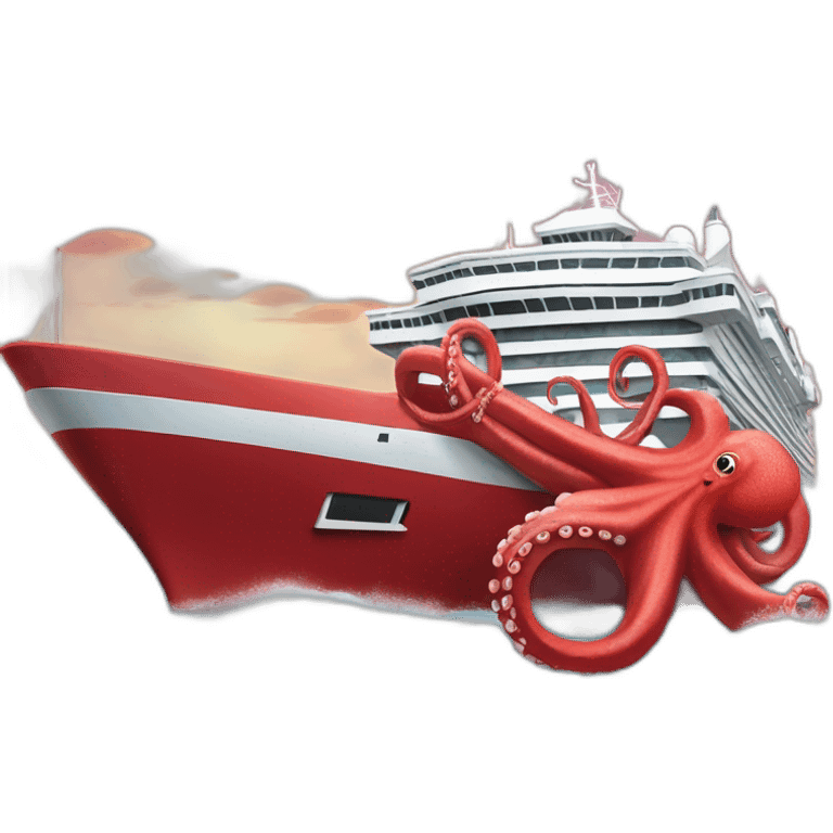 red cruise ship being enveloped by octopus emoji