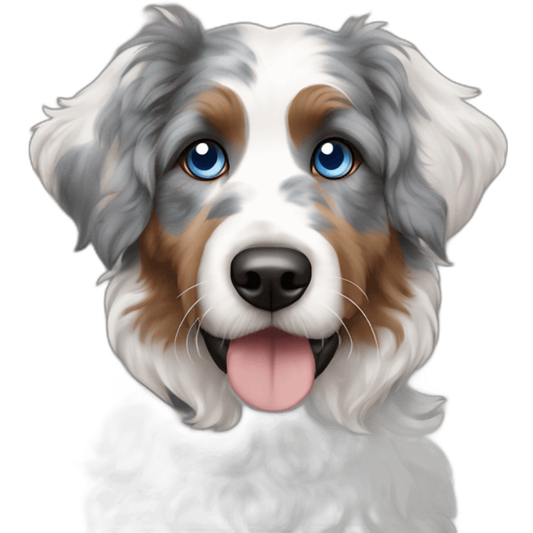 A dog with one blue eye and one half brown and blue of breed blue Merle Aussiedoodle emoji