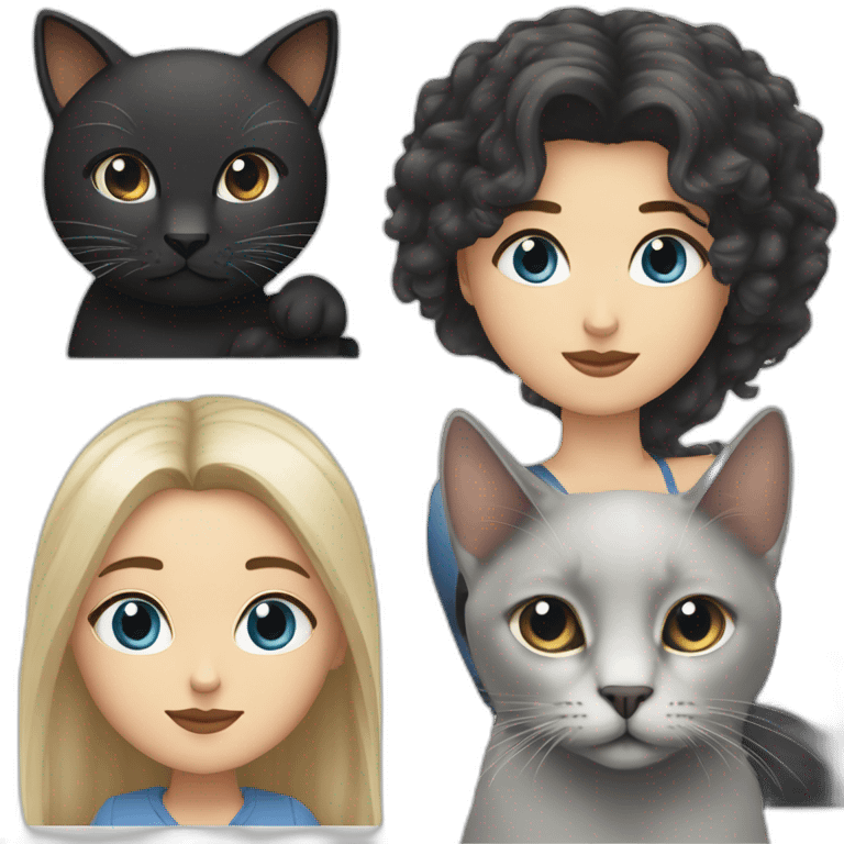 white female with blue-gray eyes and long hair with white male with dark long bob hair and brown eyes holding black cat emoji