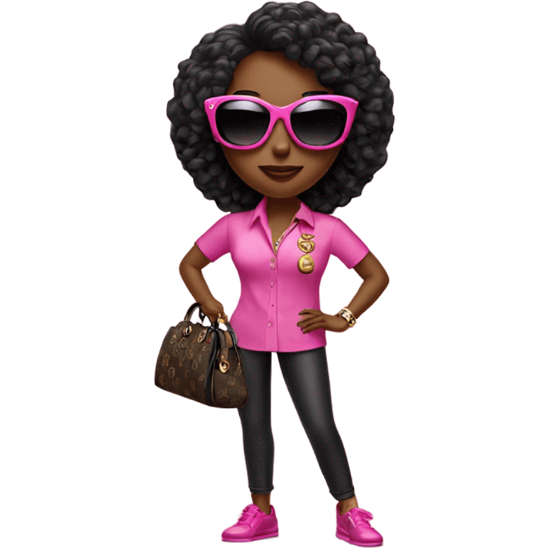 Create a black diva with sunglasses on holding a Gucci bag with money in a pink shirt emoji