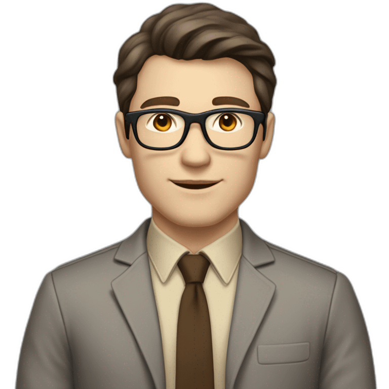 Full height Pale skinned fit man with dark brown hair in gray jacket, beige office shirt, brown tie, brown pants and vintage glasses. His right hand stretched out emoji