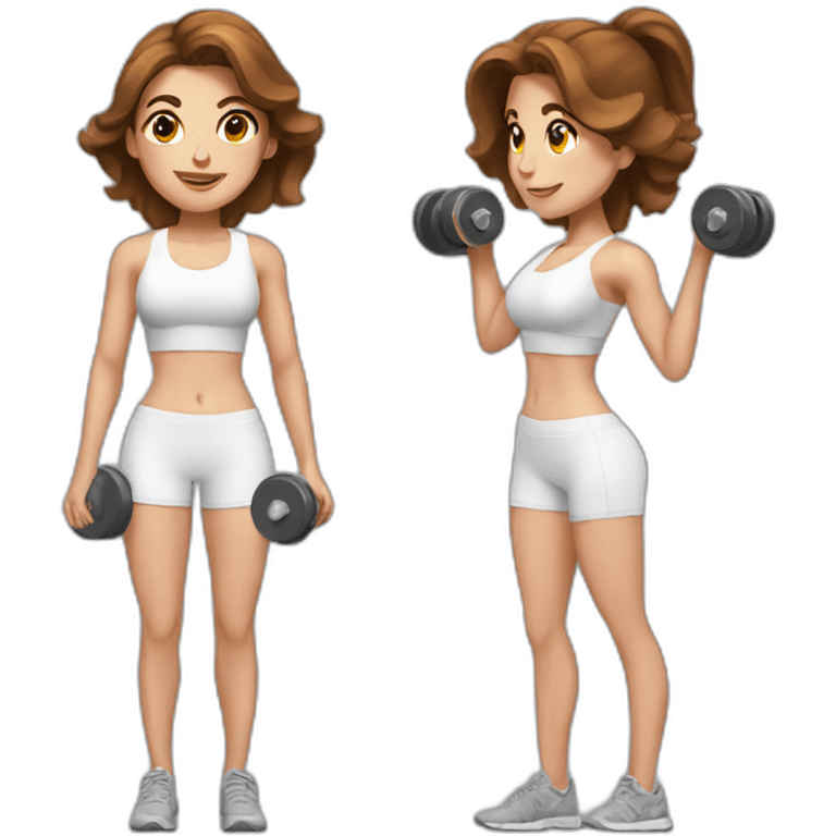 White beautiful fitness women with brown hair with dumbbells in their hands emoji