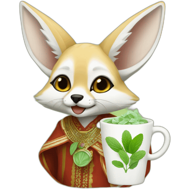 Algerian fennec wearing algerian clothes holding cup of mint tea emoji