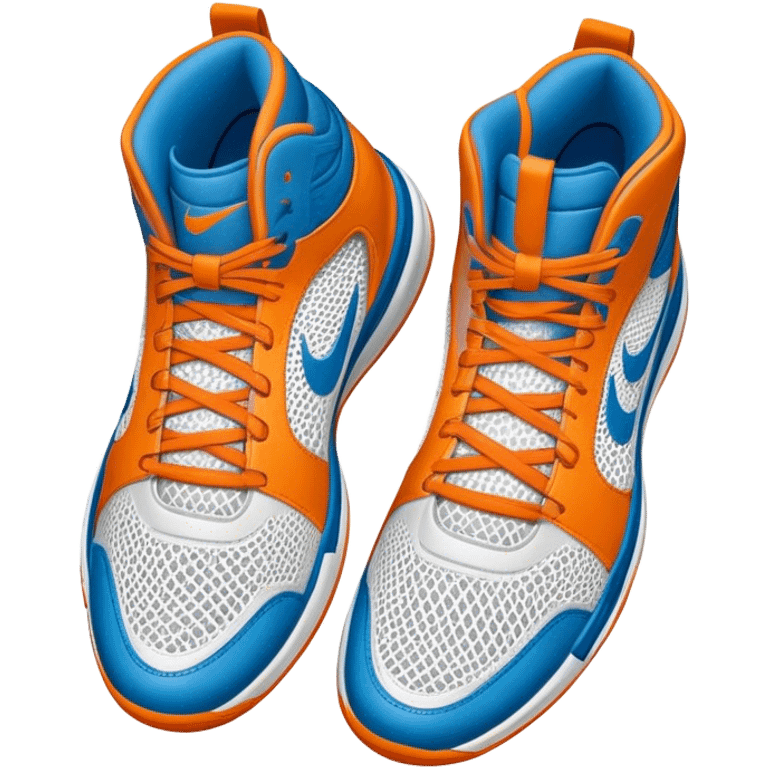 Cinematic Realistic image of a pair of basketball sneakers featuring detailed mesh and leather textures, vibrant color accents and dynamic design lines, illuminated by bold, high-energy arena lighting emoji