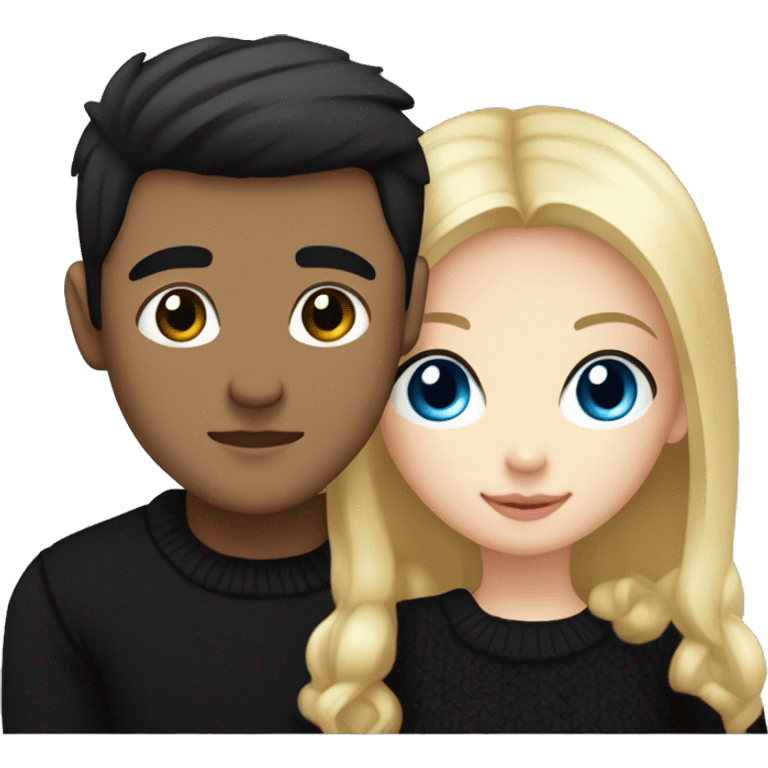 Blonde girl with blue eyes in black sweater and an east asian man with black hair and black eyes hugging emoji