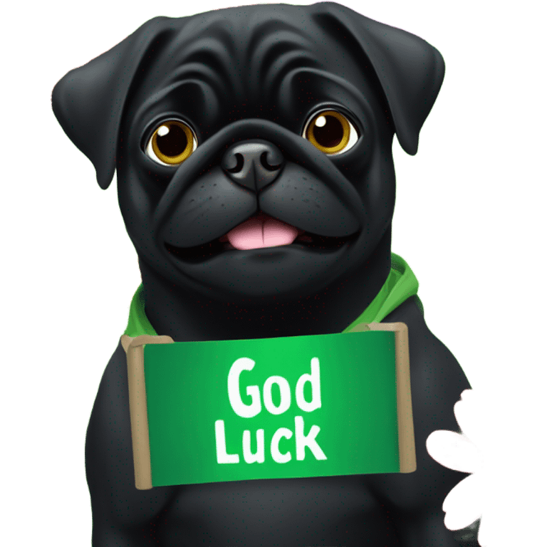 Black pug , surrounded by flowers, holding a green sign that says “good luck”  emoji