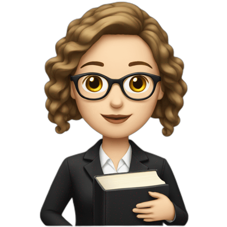 a white girl in a black suit and glasses holding a book. emoji